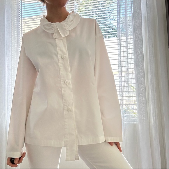 Xiaoyan Lin White Cotton Button Down Shirt Size M Unique Design Cowl Neck Resort - Picture 4 of 15